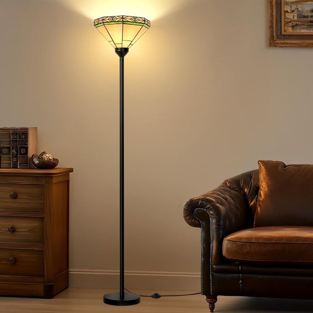 Seaside Village Tiffany Style Torchiere Stained Glass Floor Lamp Vintage